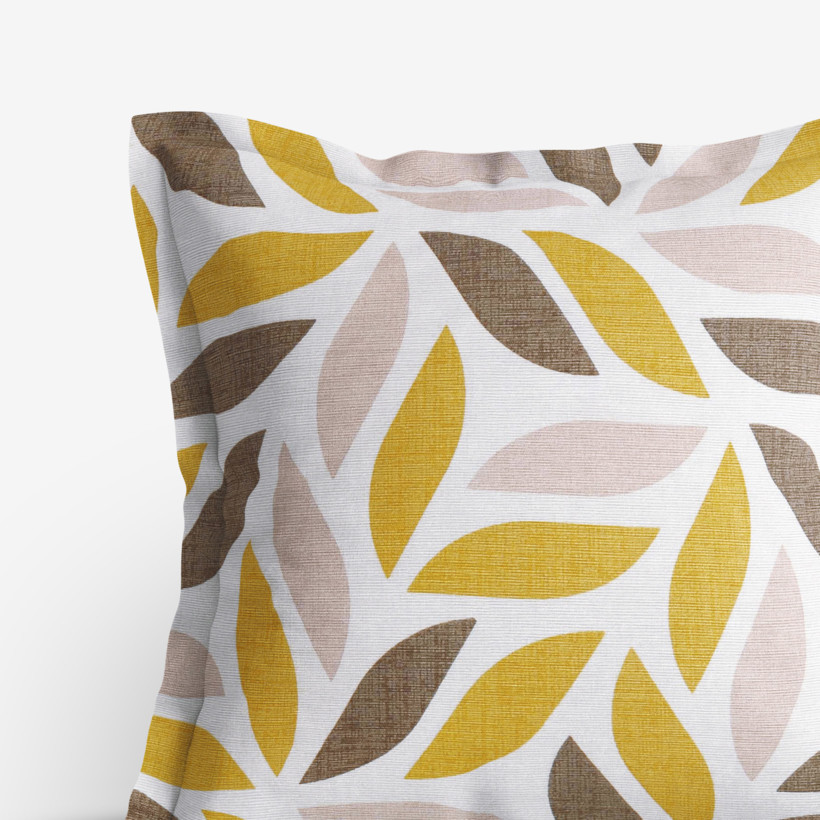 Față de pernă cu tiv decorativ LONETA - frunze geometrice aurii și maro