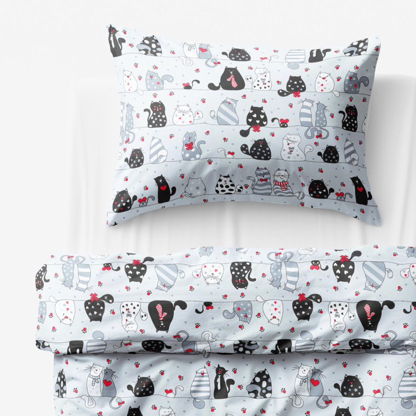 Lenjerie de pat pentru copii din 100% bumbac - pisici comice pe gri