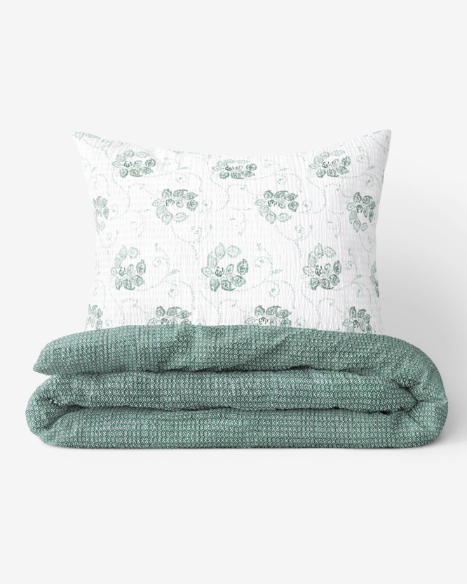 Lenjerie de pat creponată - ornamente florale verde închis cu forme geometrice