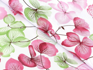 Tesătură din bumbac 100% SIMONA flori roz-verde cu frunze - metraj lătime 150 cm