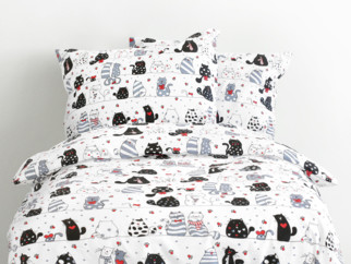 Lenjerie de pat din bumbac pentru copii - model 659 pisici comice pe alb