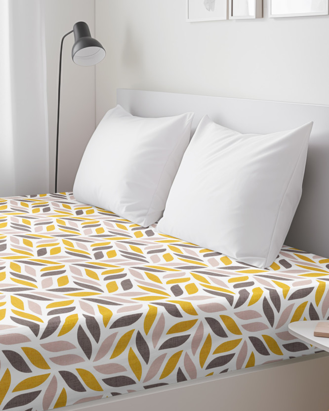 Cearceaf de pat bumbac 100% cu elastic - frunze geometrice aurii și maro