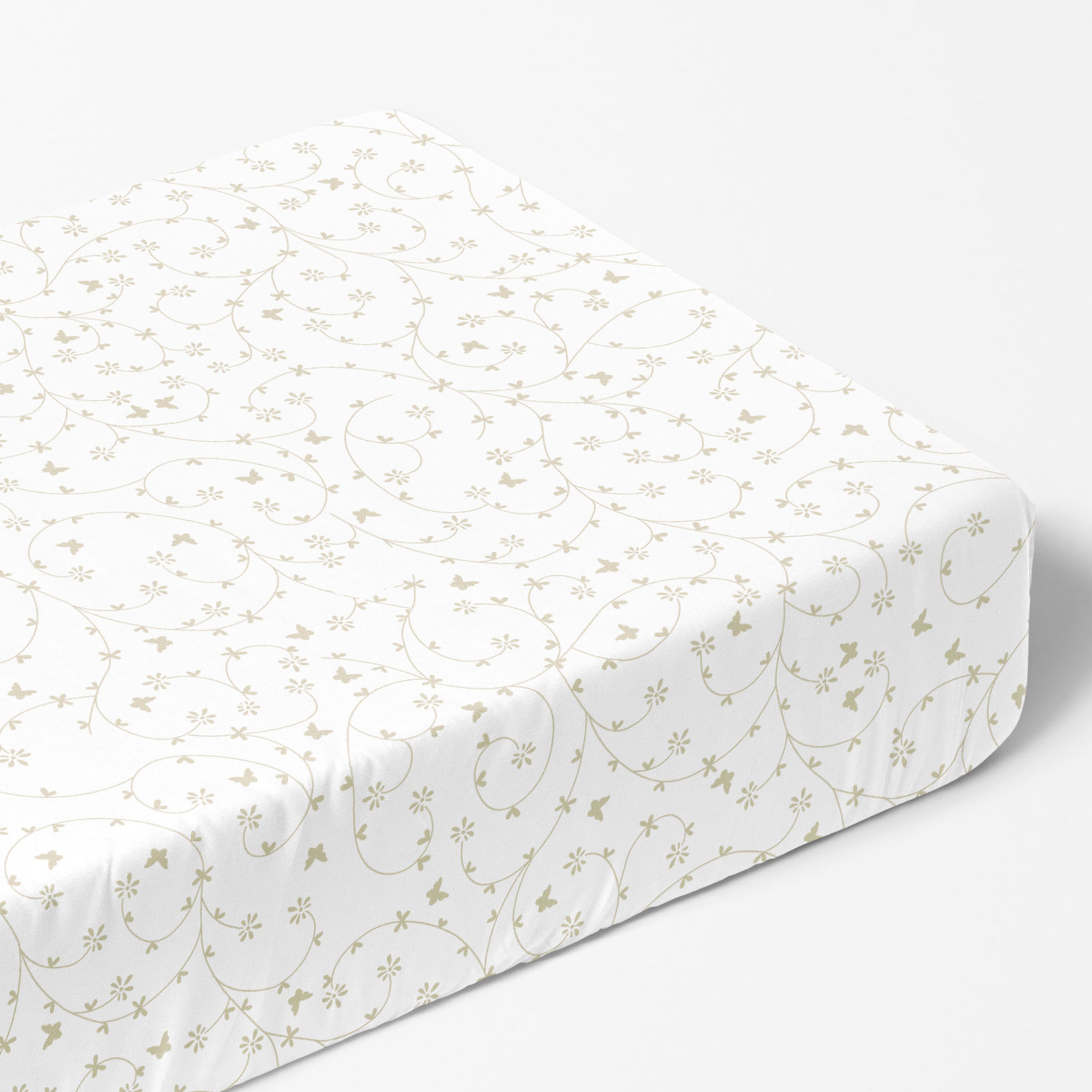 Cearceaf de pat bumbac 100% cu elastic - flori bej aurii și fluturi pe alb
