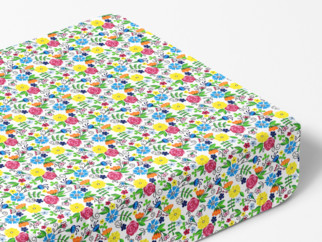 Cearceaf de pat din bumbac cu elastic - model 1062 flori colorate pe alb