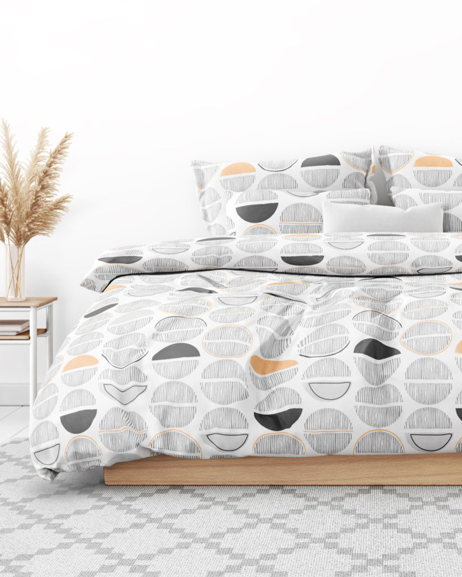 Lenjerie de pat din satin de lux - cercuri cu dungi gri-portocalii pe alb
