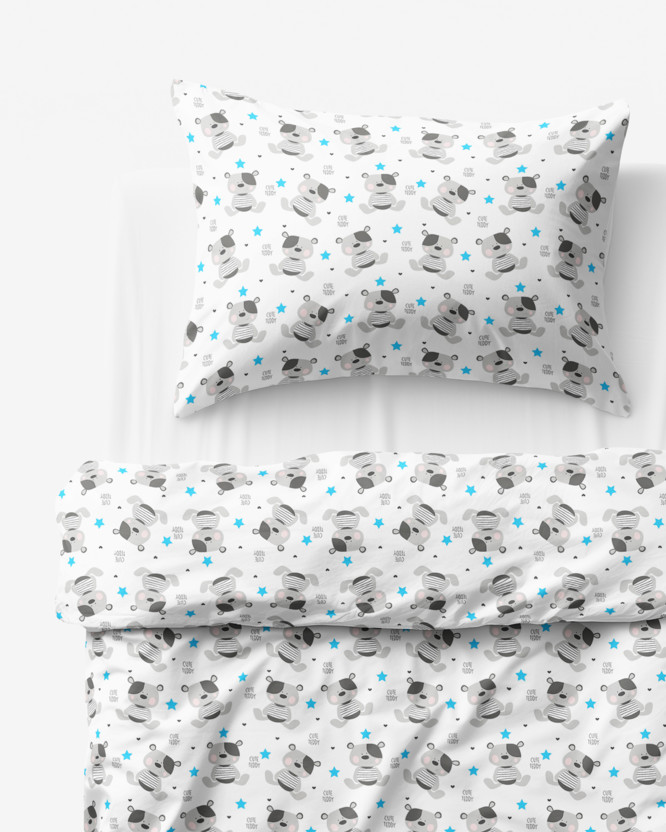 Lenjerie de pat pentru copii din 100% bumbac - ursuleți drăguți cu steluțe albastre