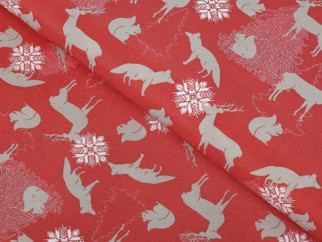 Țesătură decorativă LONETA - model 427 de Crăciun - animale sălbatice pe roșu - lățime 140 cm