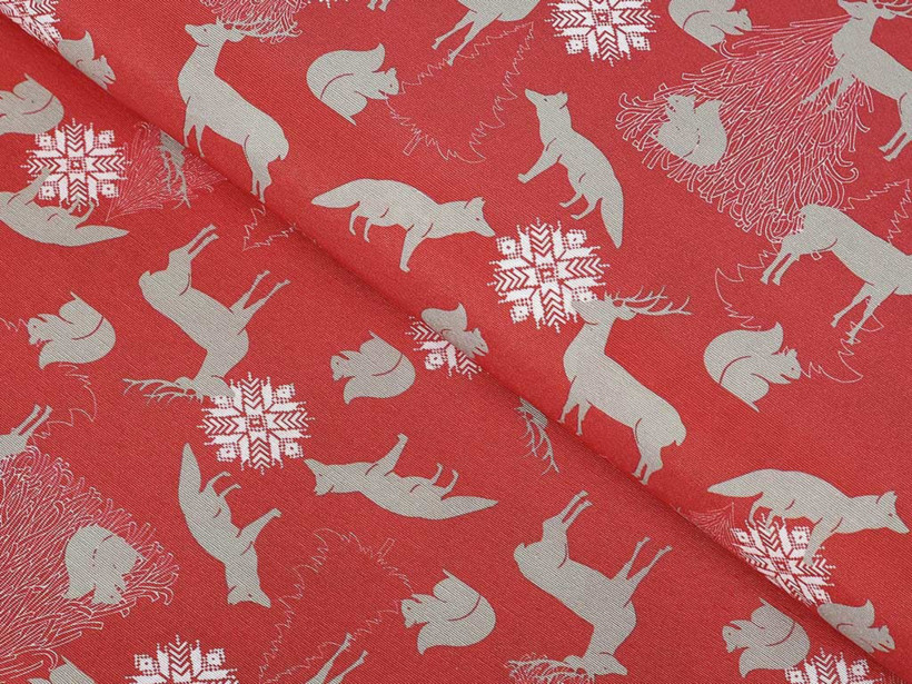 Țesătură decorativă LONETA - model de Crăciun - animale sălbatice pe roșu