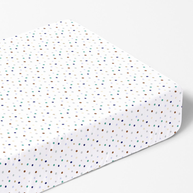 Cearceaf de pat 100% bumbac cu elastic - buline colorate pe alb