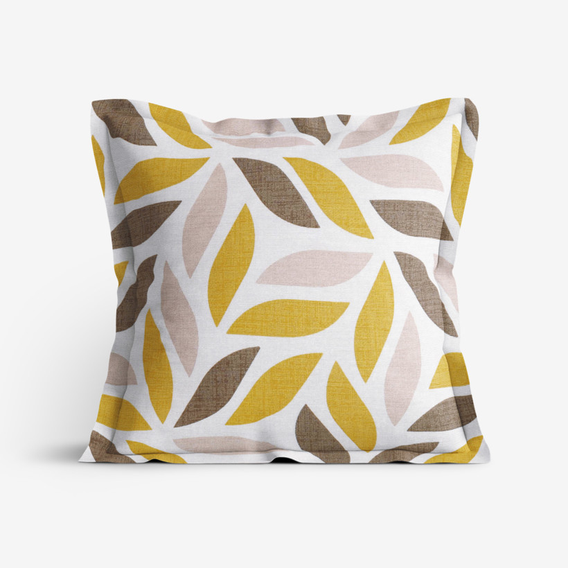 Față de pernă cu tiv decorativ LONETA - frunze geometrice aurii și maro