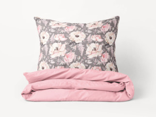 Lenjerie de pat Duo 100% bumbac - model 072 flori roz pe gri și roz uni