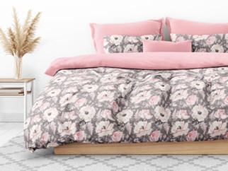 Lenjerie de pat Duo 100% bumbac - model 072 flori roz pe gri și roz uni