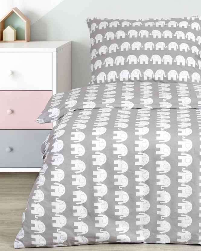 Lenjerie de pat pentru copii 100% bumbac - elefanți pe gri