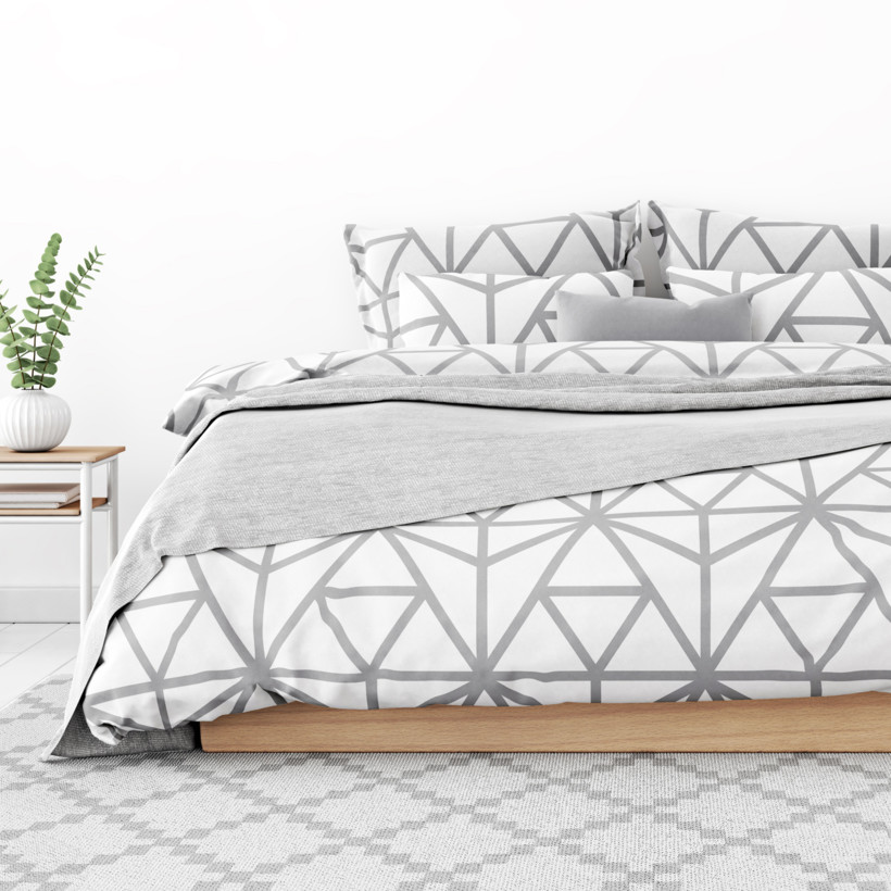 Lenjerie de pat de lux din bumbac satinat - forme geometrice gri pe alb