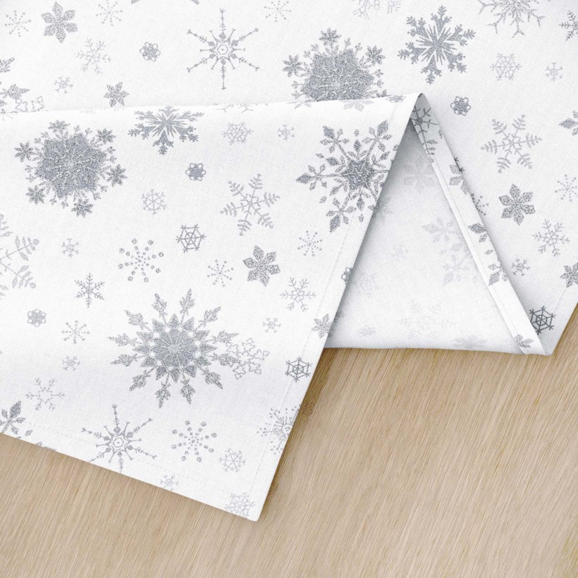 Napron de masă 100% bumbac exclusiv de Crăciun - fulgi de zăpadă argintii pe alb