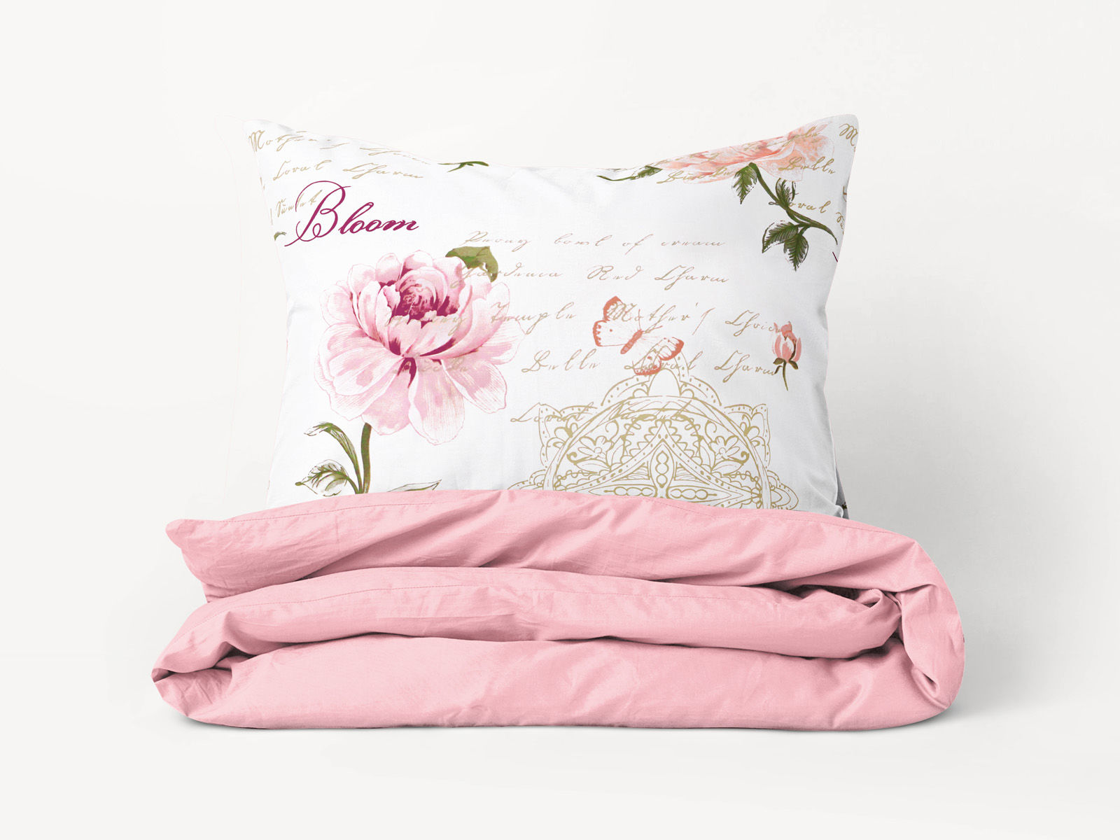 Lenjerie de pat Duo 100% pânză de bumbac - bujori cu versuri și roz pudră