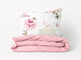 Lenjerie de pat Duo 100% pânză de bumbac - bujori cu versuri și Uni roz