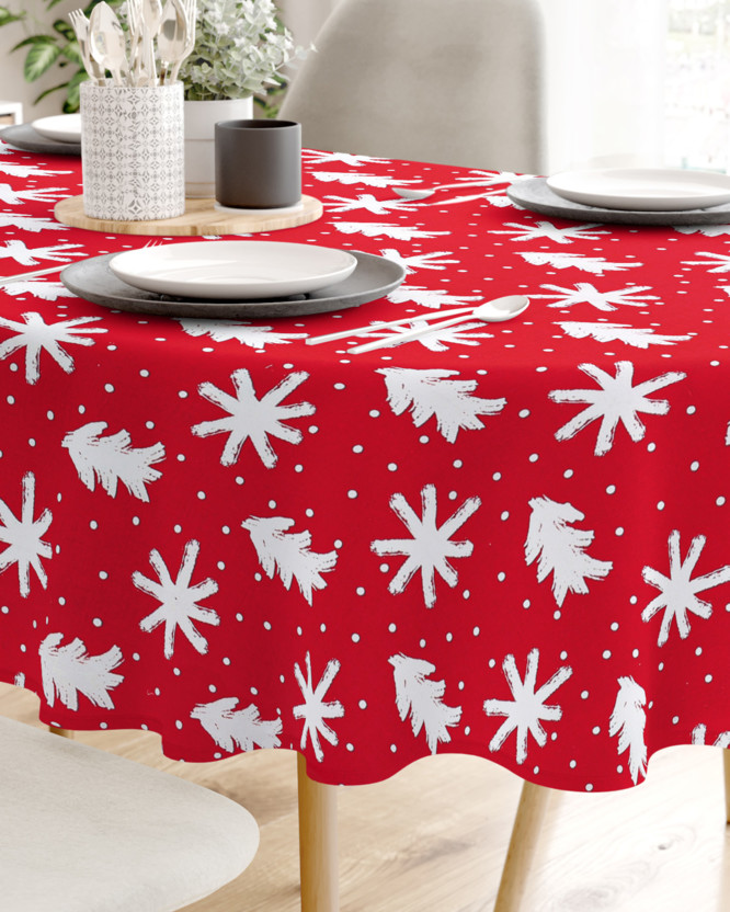 Față de masă 100% bumbac de Crăciun - fulgi de zăpadă și brazi pe roșu - ovală