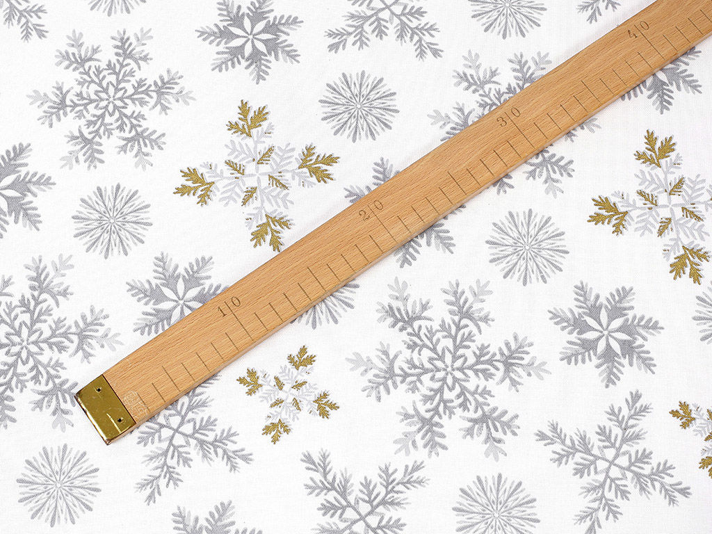 Țesătură 100% bumbac de Crăciun - fulgi gri cu sclipici auriu