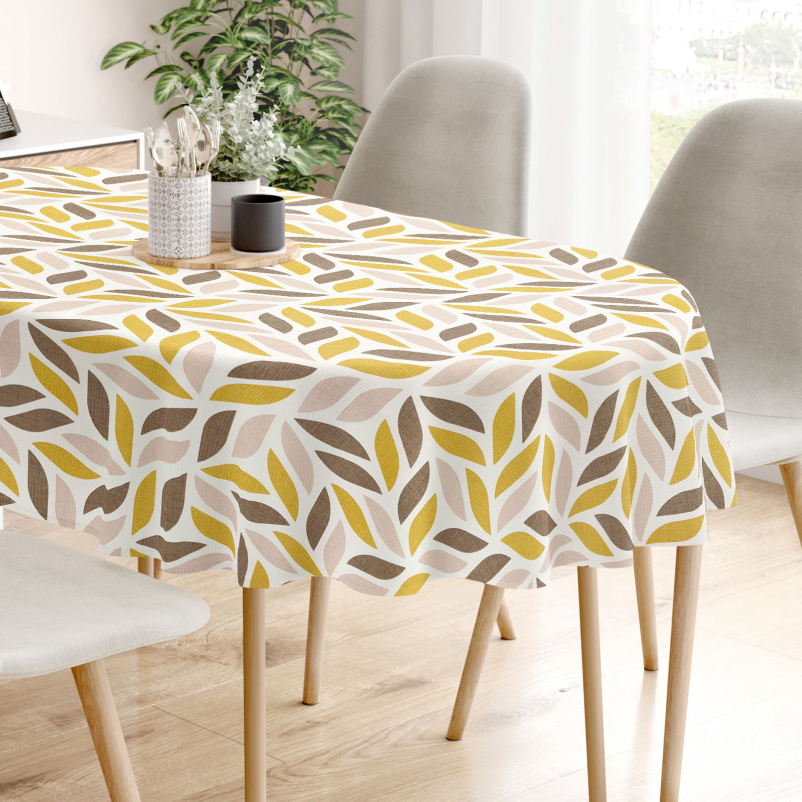 Față de masă decorativă  LONETA - frunze geometrice aurii și maro - ovală
