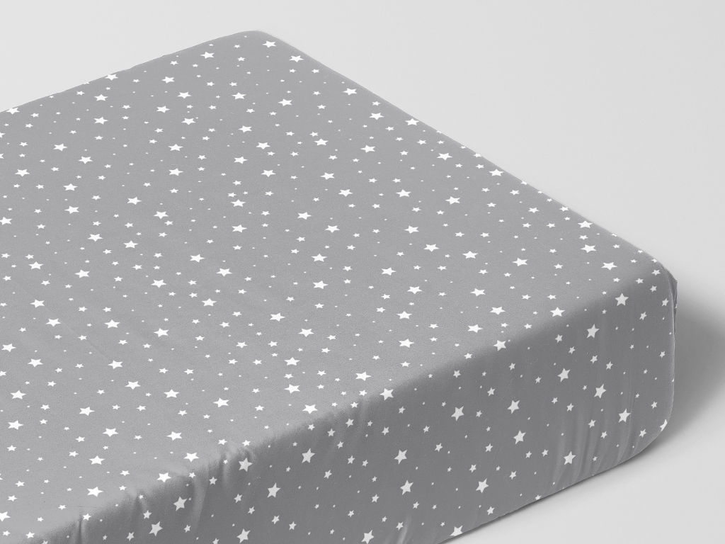 Cearceaf de pat 100% bumbac cu elastic - steluțe albe pe gri deschis