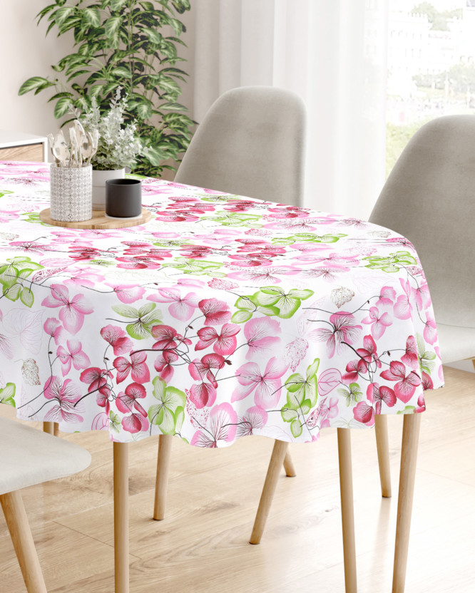 Față de masă 100% bumbac - flori roz-verde cu frunze - ovală