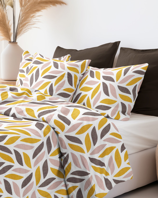 Lenjerie de pat 100% bumbac - frunze geometrice aurii și maro