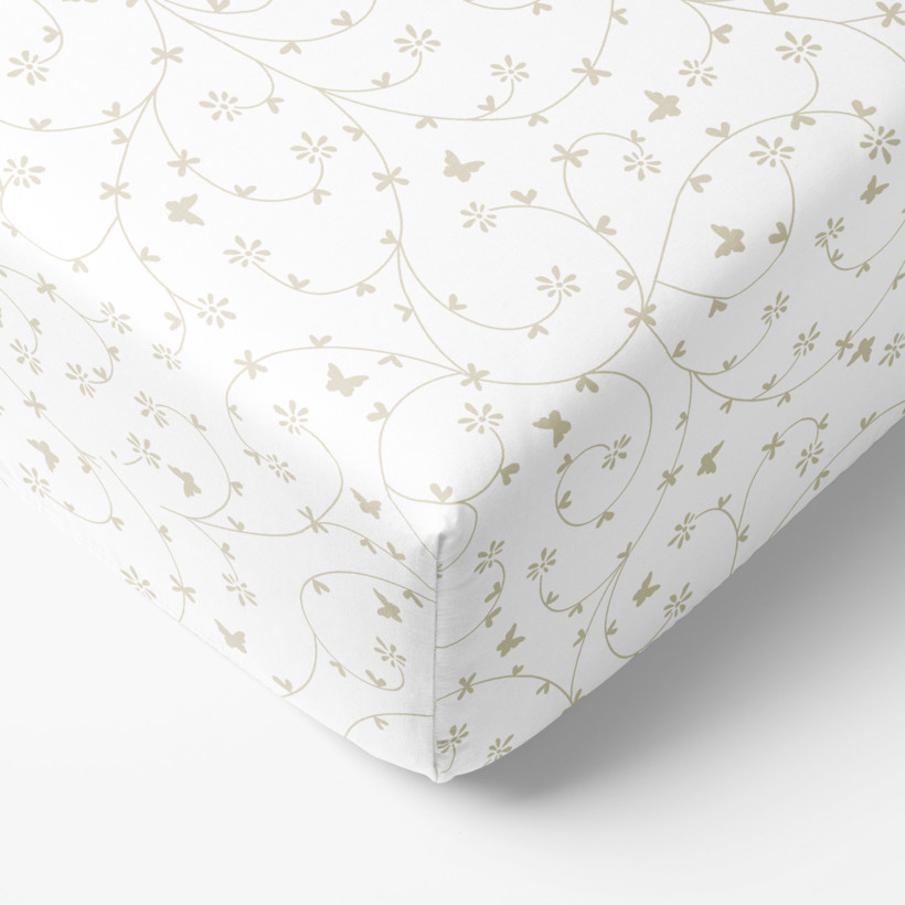 Cearceaf de pat bumbac 100% cu elastic - flori bej aurii și fluturi pe alb