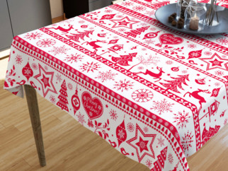 Față de masă din bumbac - model 1068 - simboluri roșii de Crăciun pe alb