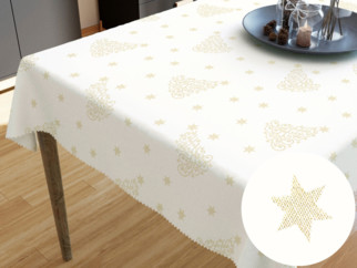 Față de masă teflonată - model 1105 de Crăciun - brazi și steluțe aurii pe crem