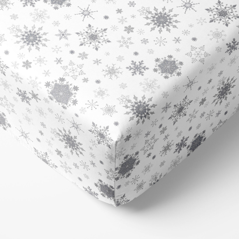 Cearceaf de pat bumbac 100% cu elastic - fulgi de zăpadă argintii pe alb