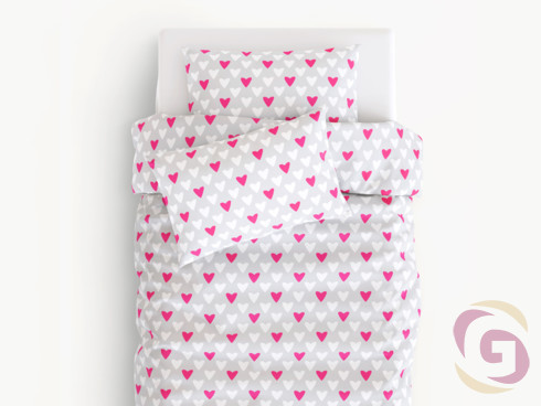 Lenjerie de pat pentru copii din 100% bumbac - model 510 - inimioare roz și albe pe gri