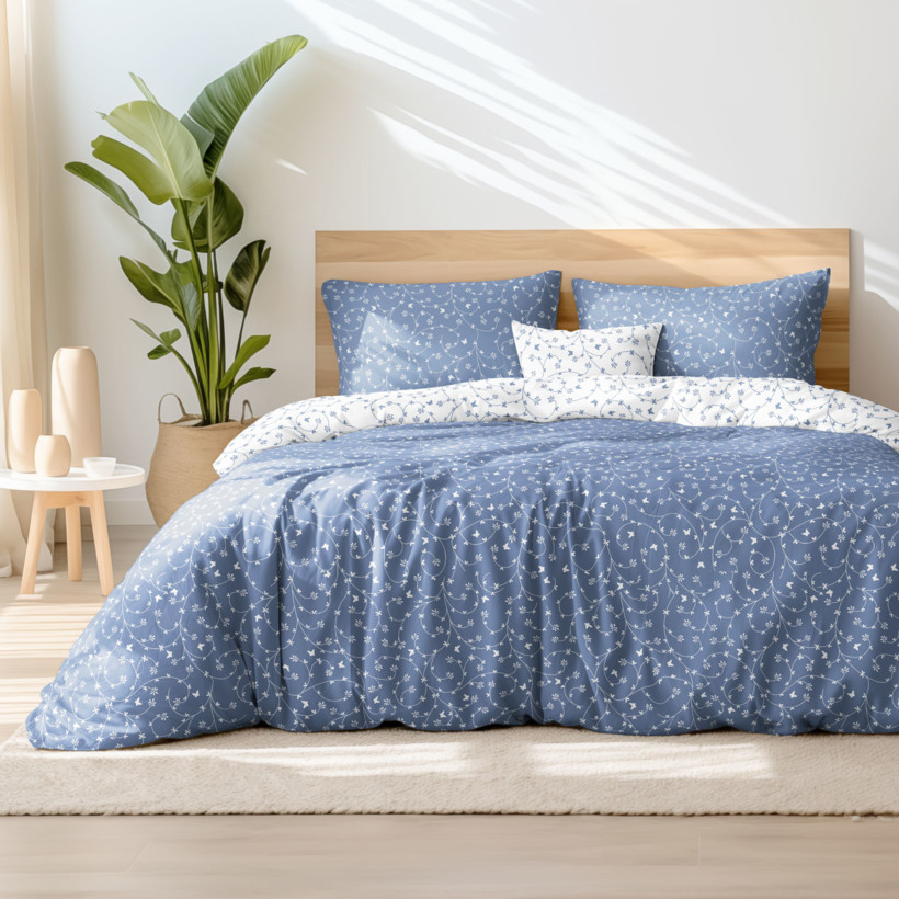 Lenjerie de pat din 100% bumbac - flori și fluturi cu albastru-gri
