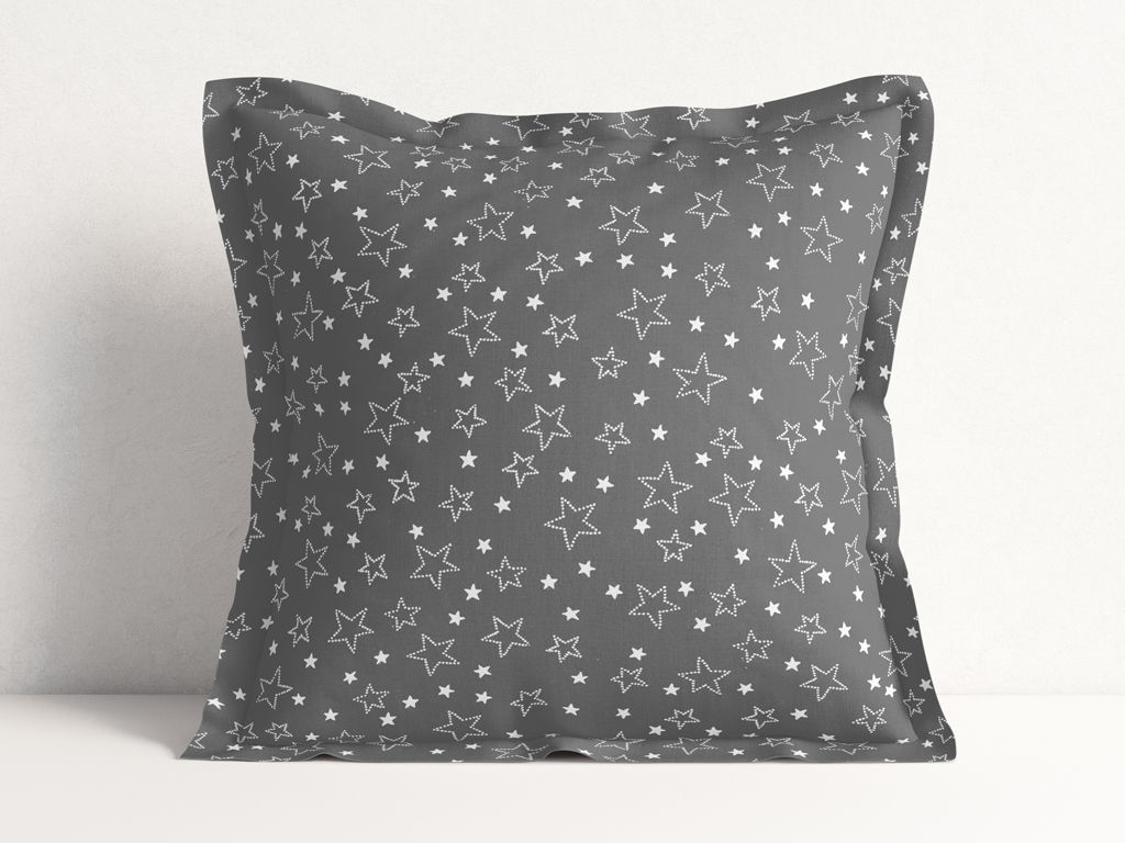 Față de pernă din bumbac cu tiv decorativ - steluțe albe pe gri