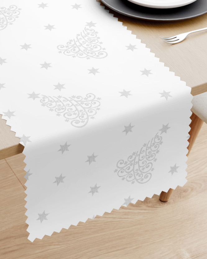 Napron de masă teflonat - brazi și steluțe argintii de Crăciun pe alb