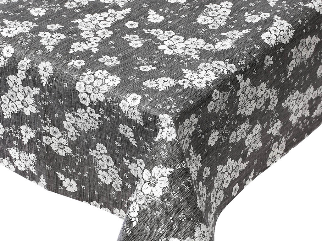 Față de masă din PVC cu textil - flori albe pe negru