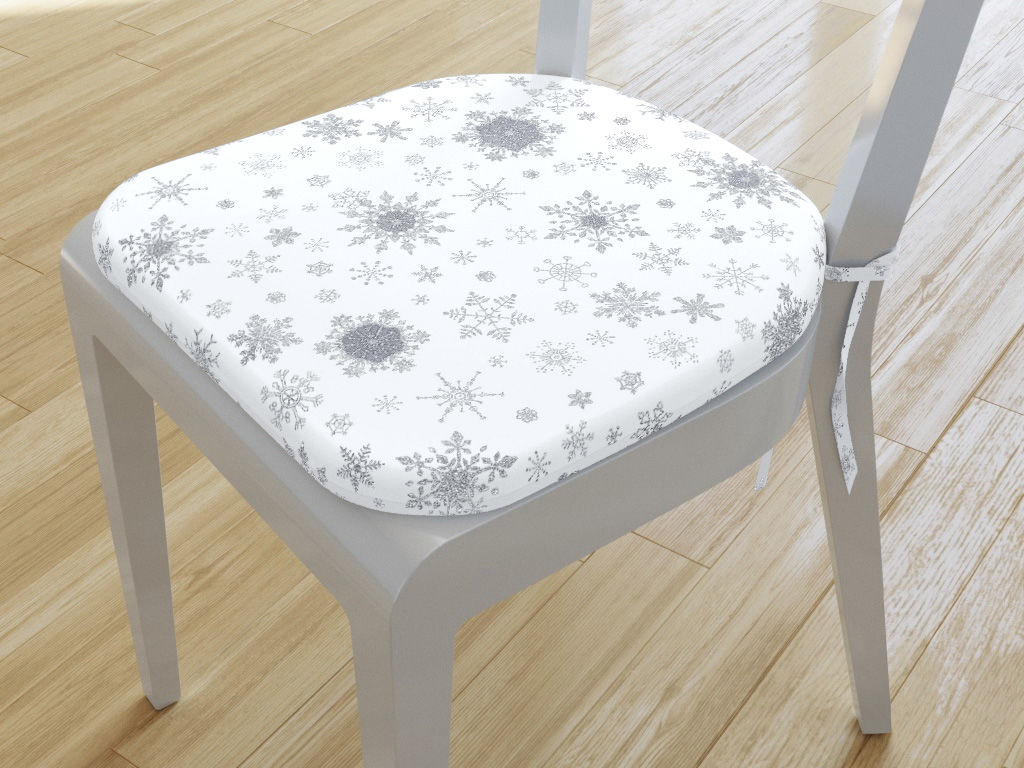 Pernă pentru scaun colțuri rotunde din bumbac exclusiv 39x37cm - fulgi de zăpadă argintii pe alb