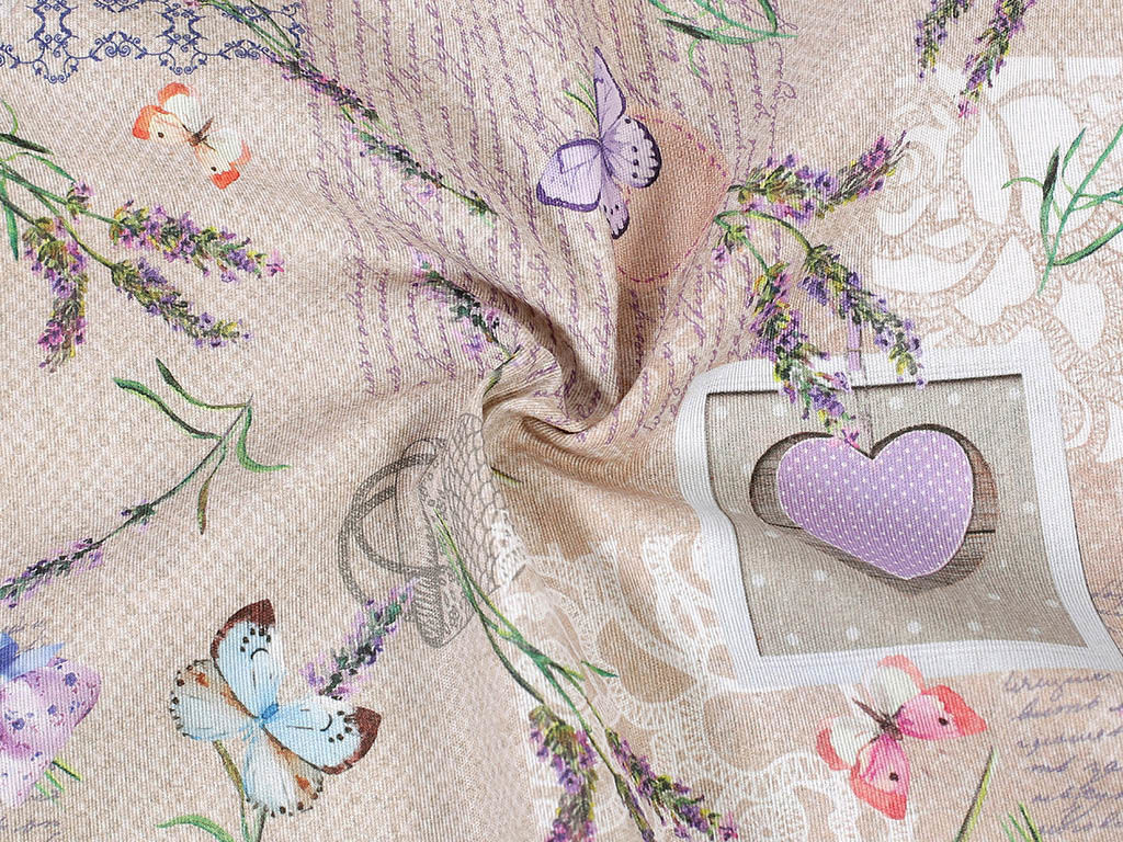 Țesătură decorativă LONETA - inimioare cu fluturi și lavandă pe un bej-gri