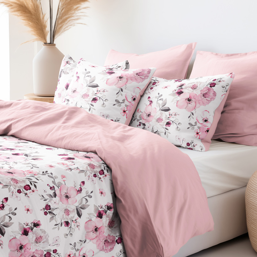 Lenjerie de pat din 100% bumbac Duo - flori de cireș Sakura cu roz pudră