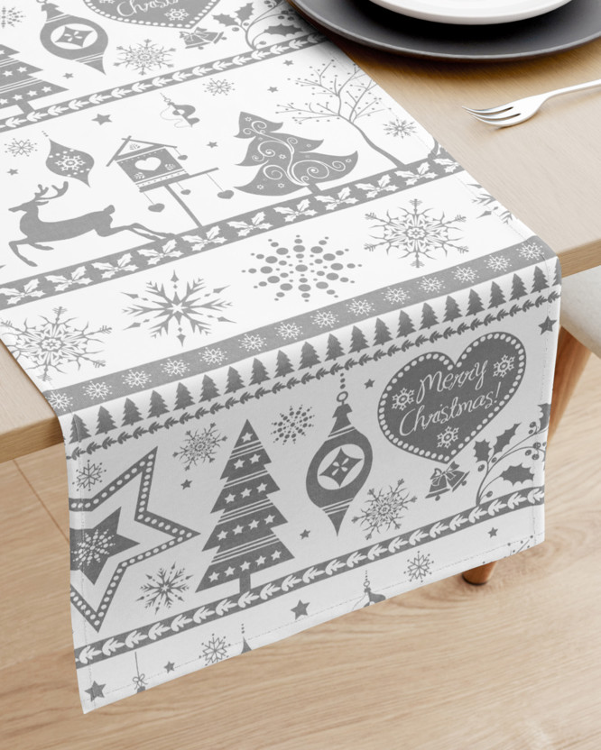 Napron de masă 100% bumbac - simboluri de Crăciun pe alb