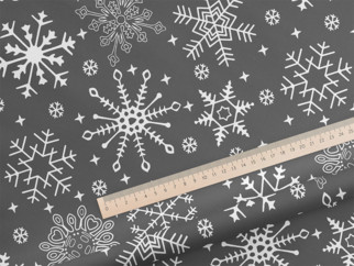 Țesătură din bumbac SIMONA - model 091 de Crăciun - fulgi de zăpadă pe gri - la metru - lățime 150 cm