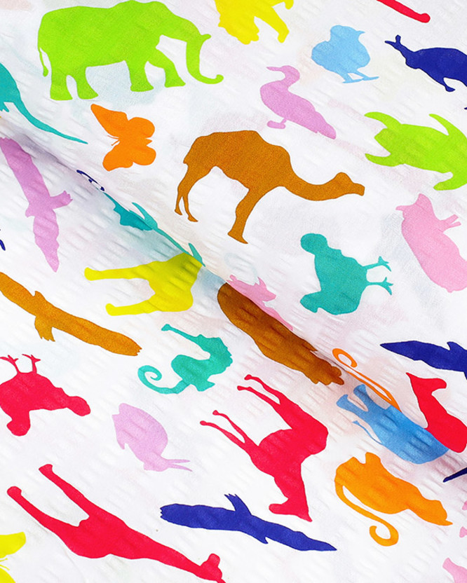 Țesătură creponată - animale colorate din zoo