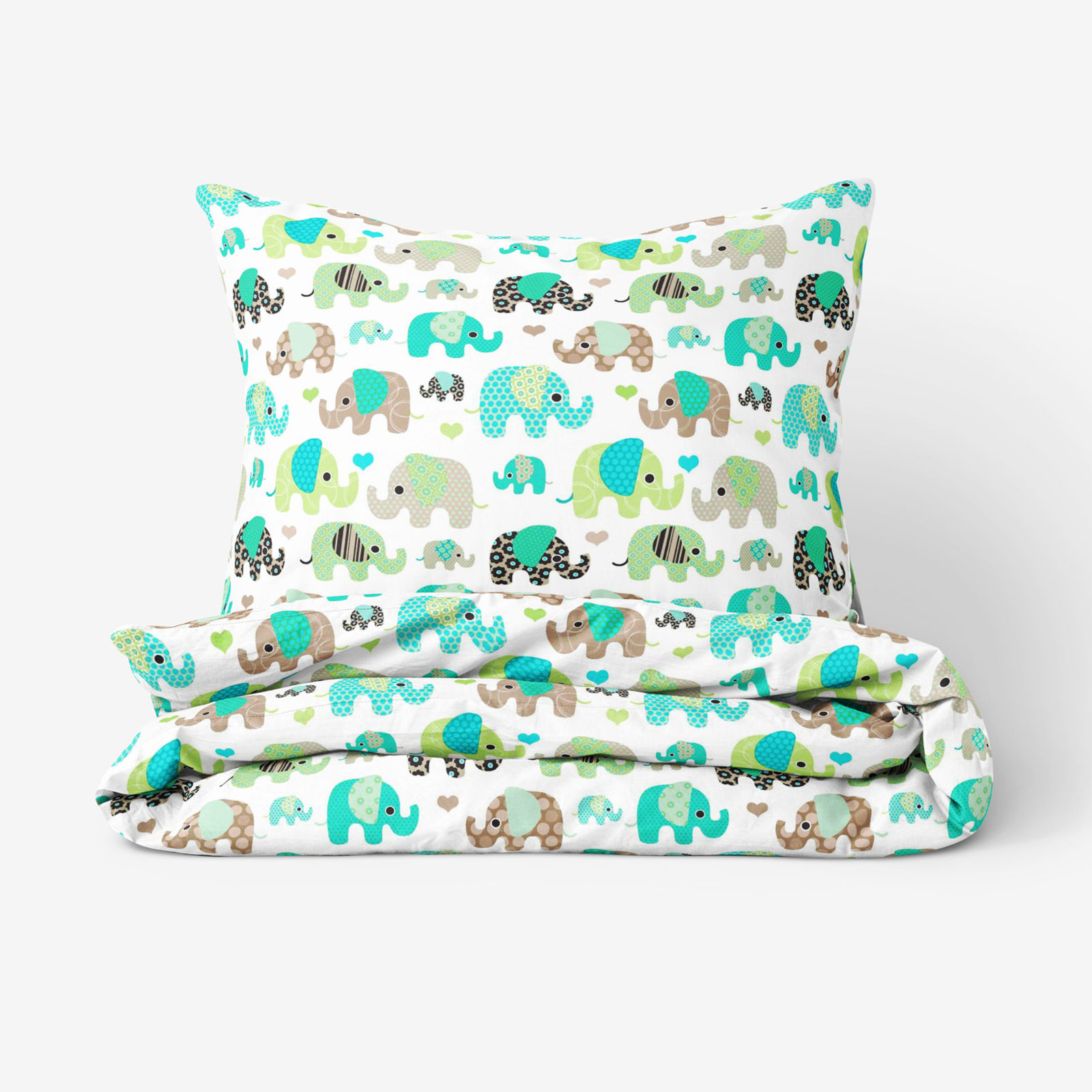 Lenjerie de pat pentru copii din 100% bumbac - elefanți verzi și albaștri