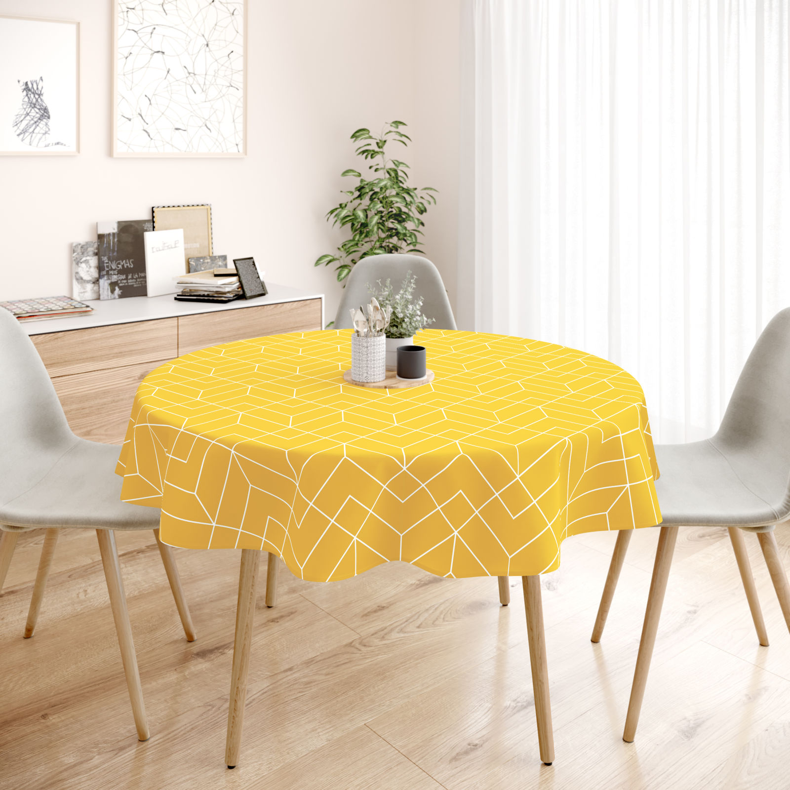 Față de masă 100% bumbac - mozaic galben - rotundă