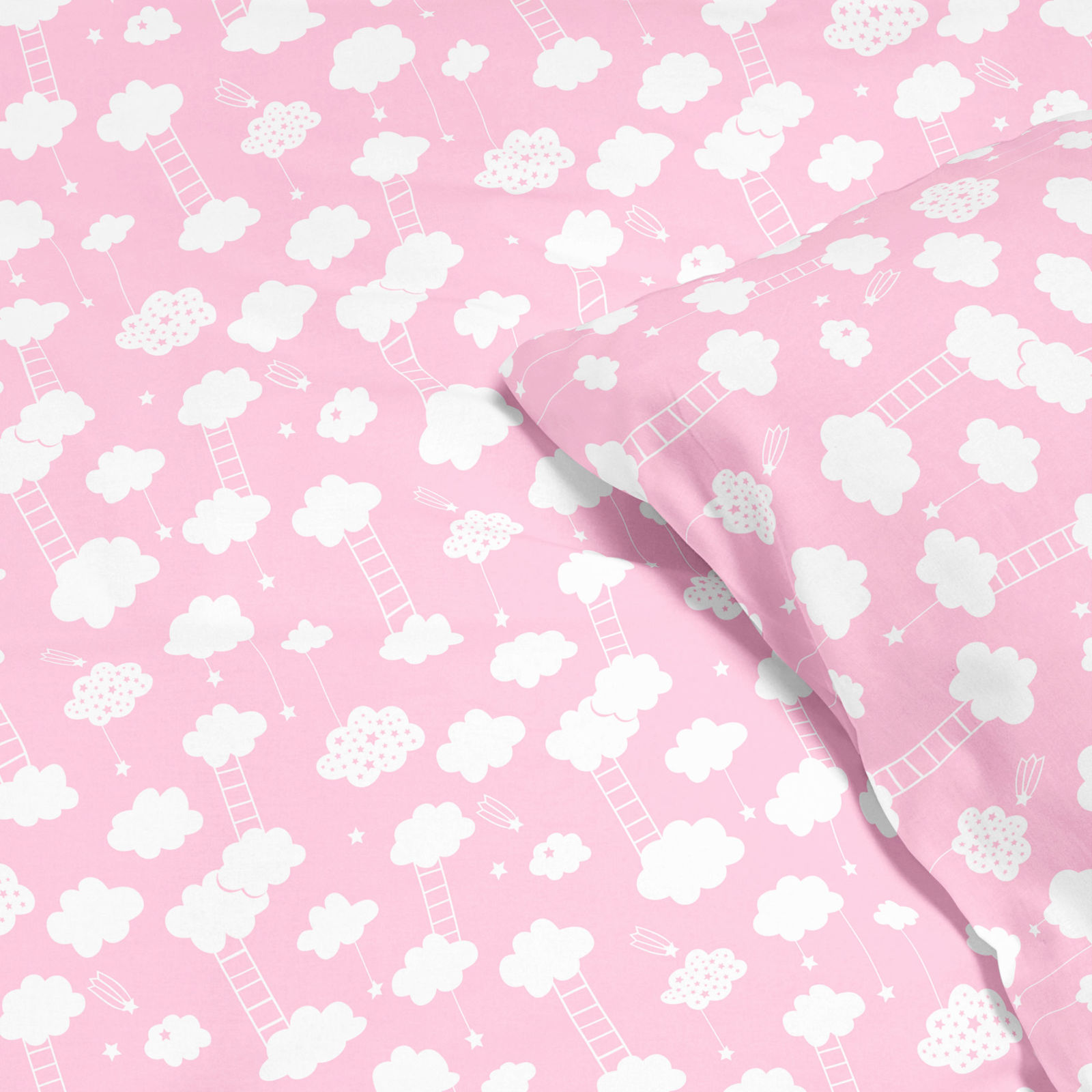 Lenjerie de pat pentru copii din 100% bumbac - nori pe roz deschis