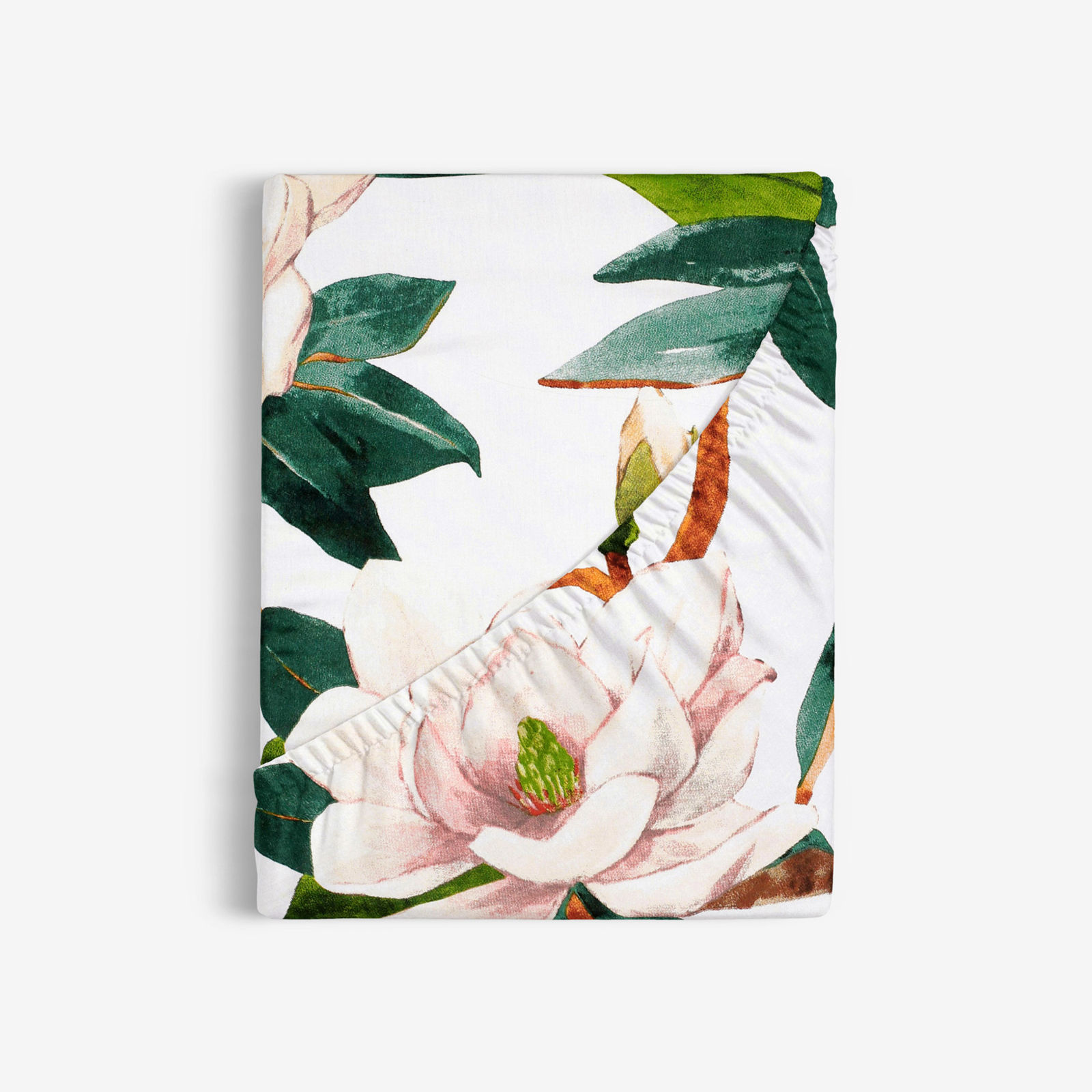 Cearceaf de pat bumbac 100%  cu elastic - magnolie cu frunze