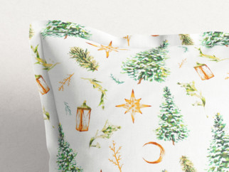 Față de pernă din bumbac cu tiv decorativ - model de Crăciun 066 brazi și steluțe aurii