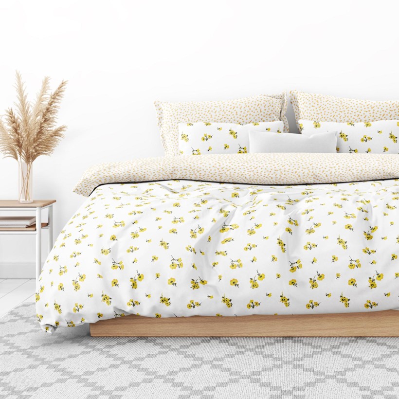 Lenjerie de pat din 100% bumbac - flori galbene și floricele pe alb