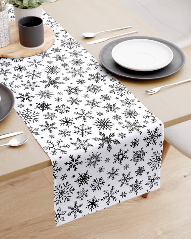 Napron de masă 100% bumbac - model de Crăciun - fulgi negri pe alb
