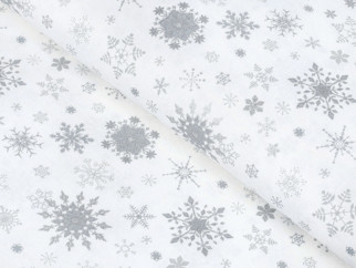 Țesătură din bumbac exclusiv SIMONA - model X-28 de Crăciun - fulgi de zăpadă argintii pe alb - la metru - lățime 150 cm
